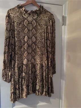 Zara Neutral Snake-Print Ruffle Tunic - Beige Brown